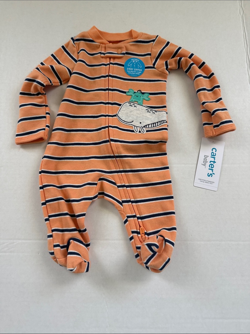 Carter's Orange Striped Baby One-Piece Sleeper with Whale Appliqué